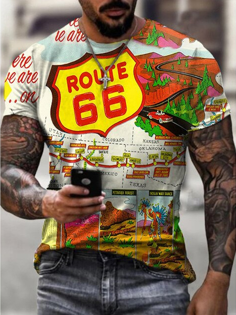 Men's Route 66 Cultural Graphic Print Round Neck Short Sleeve Tee Black 5XL