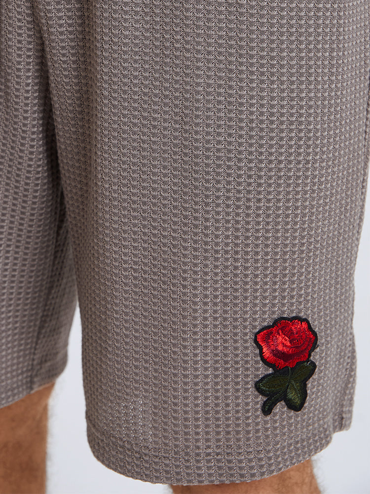 Mens Basic Knitted Rose Embroidery Patch Short Sleeve Casual Two Piece Outfits Cozy Loungewear