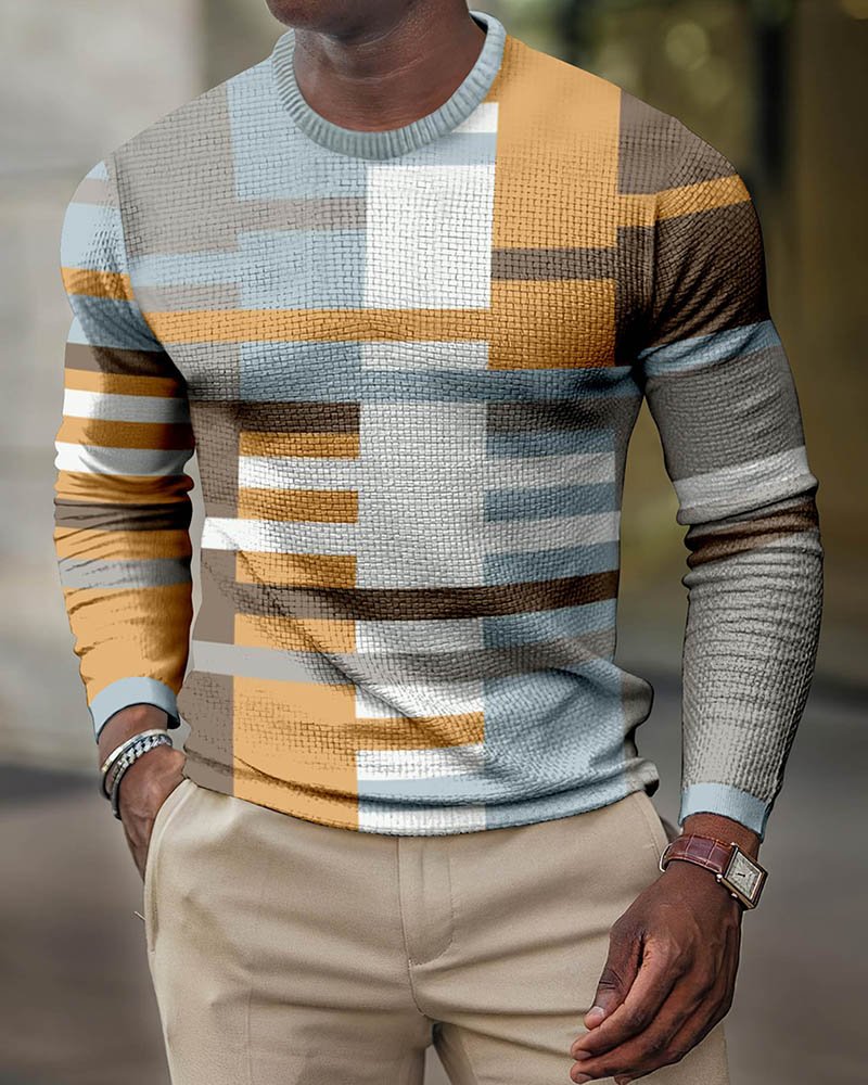 LONG SLEEVE FASHION CONTRAST COLOR ROUND NECK MEN'S TOP