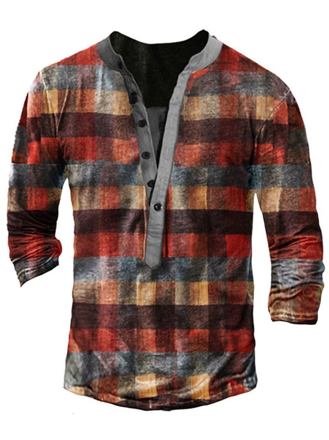 Men's Plaid Half Cardigan Long Sleeve T-Shirt color1 L