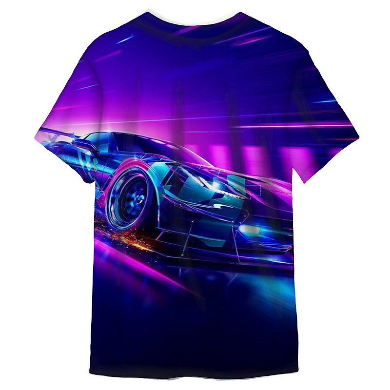 Men's T shirt 3D Print Graphic Car Crew Neck Daily Sports Print Short  Purple M