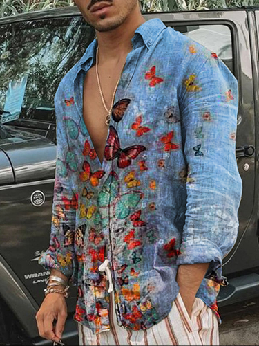 Men's Butterfly Print Casual Loose Long Sleeve Shirt