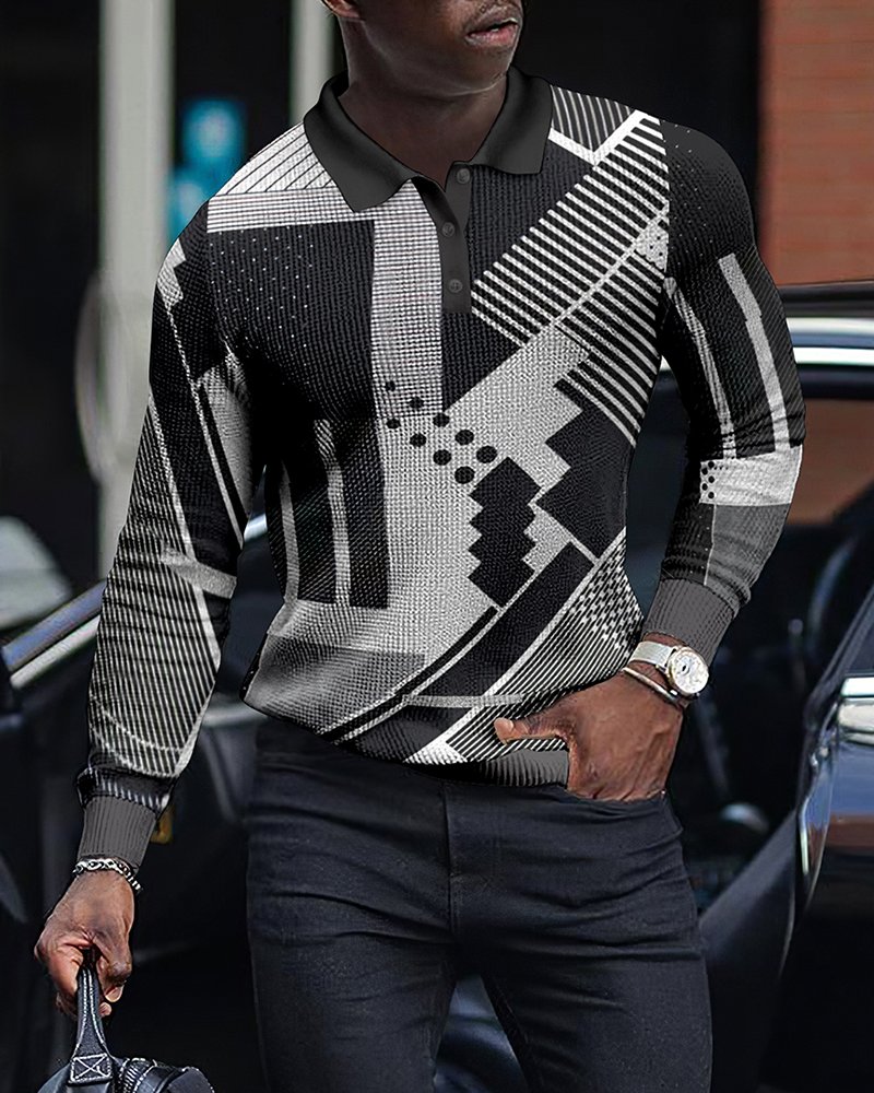 LONG SLEEVE FASHION GEOMETRIC MEN'S POLO SHIRT