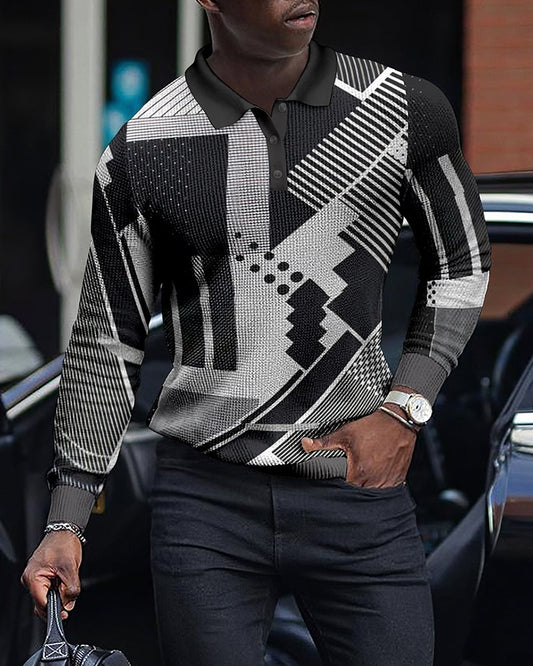 LONG SLEEVE FASHION GEOMETRIC MEN'S POLO SHIRT