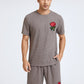 Mens Basic Knitted Rose Embroidery Patch Short Sleeve Casual Two Piece Outfits Cozy Loungewear