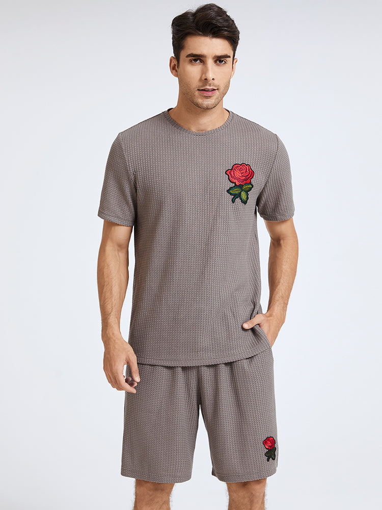 Mens Basic Knitted Rose Embroidery Patch Short Sleeve Casual Two Piece Outfits Cozy Loungewear