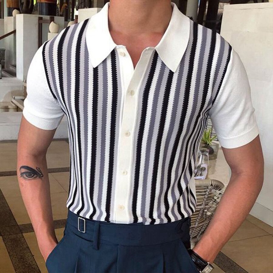 Men&#039;s Casual Striped Colorblock Short Sleeve Knit T-Shirt White S