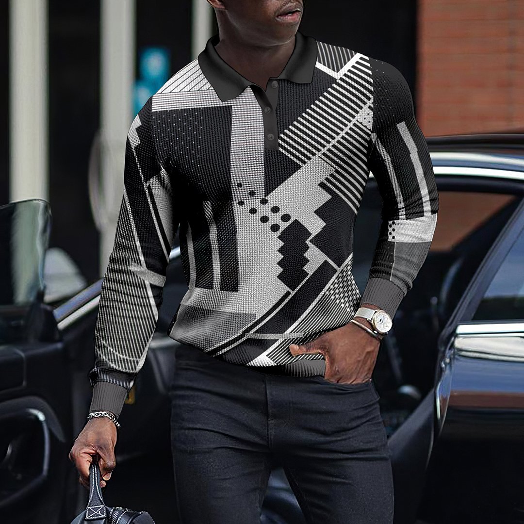 LONG SLEEVE FASHION GEOMETRIC MEN'S POLO SHIRT