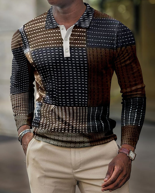 Long sleeve Men's geometric pattern retro casual polo shirt