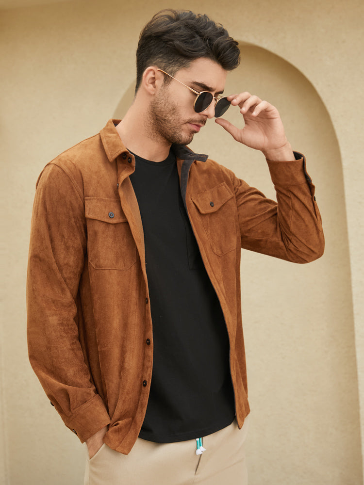 Mens Faux Suede Flap Pocket Lapel Solid Casual Long Sleeve Shirts