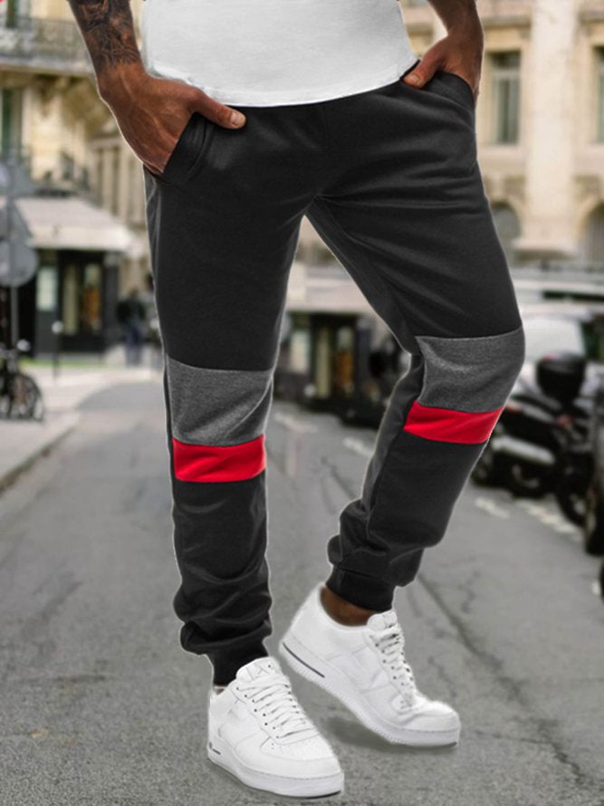 Men's Stretch Waist Stitching Contrast Sports Pants Black XL