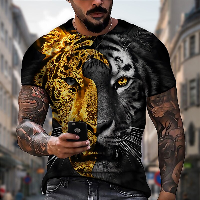 Men's Unisex T shirt 3D Print Graphic Prints Tiger Crew Neck Daily Hol Black S