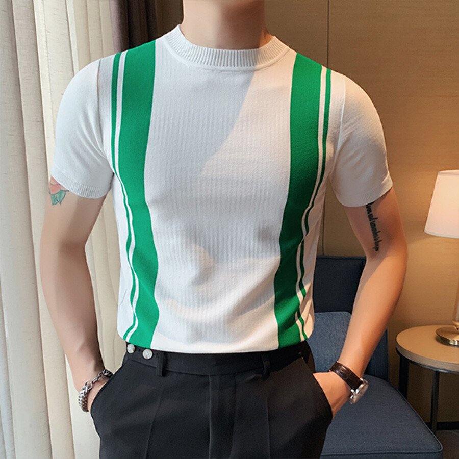 Men&#039;s Casual Striped Colorblock Short Sleeve Knit T-Shirt Black L