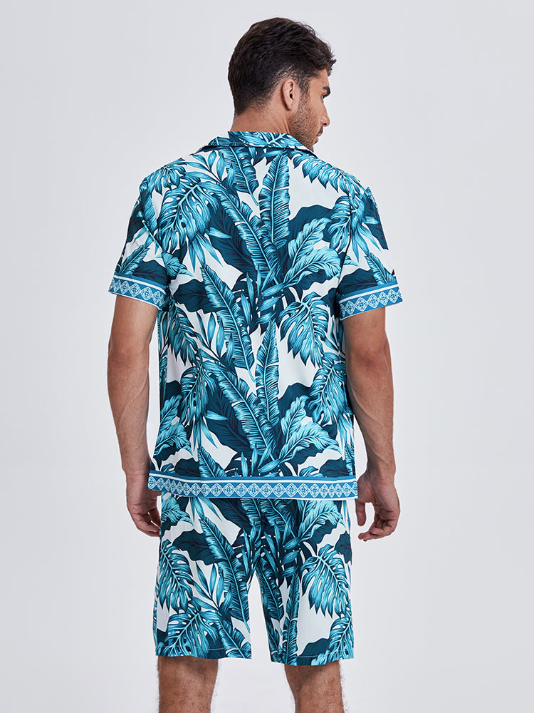 Mens Summer Holiday Revere Collar Tropical Leaf Pattern Baroque Two Piece Outfits