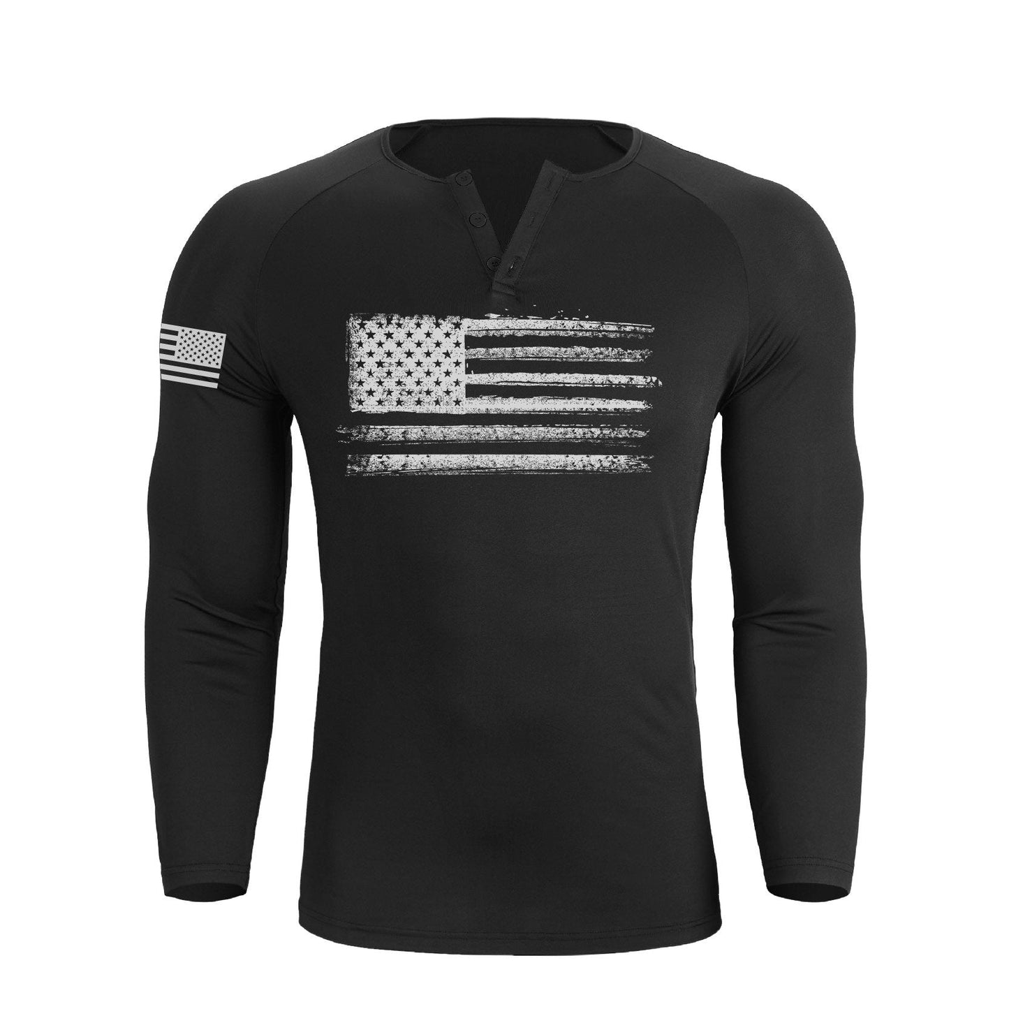 Men's American Flag Regular Fit 1/4 Button V-neck Long Sleeve T-shirts