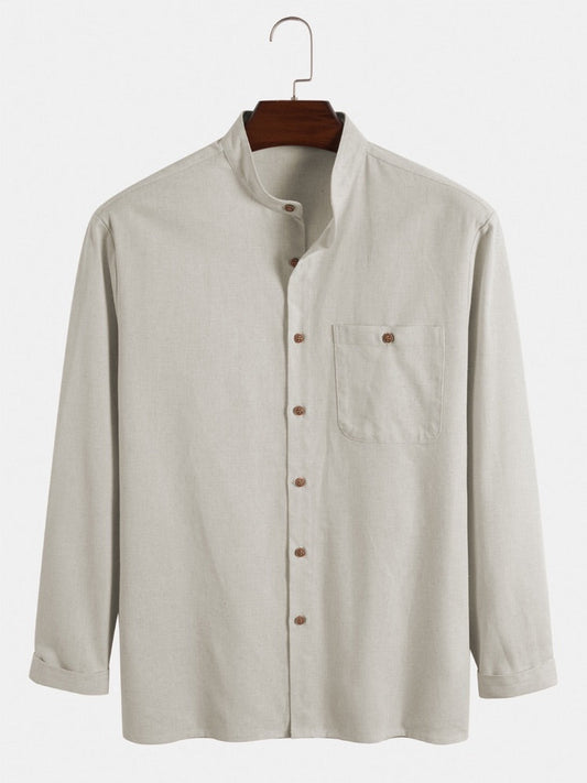 Mens Cotton Linen Stand Collar Button Pocket Basics Long Sleeve Shirts