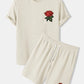 Mens Basic Knitted Rose Embroidery Patch Short Sleeve Casual Two Piece Outfits Cozy Loungewear