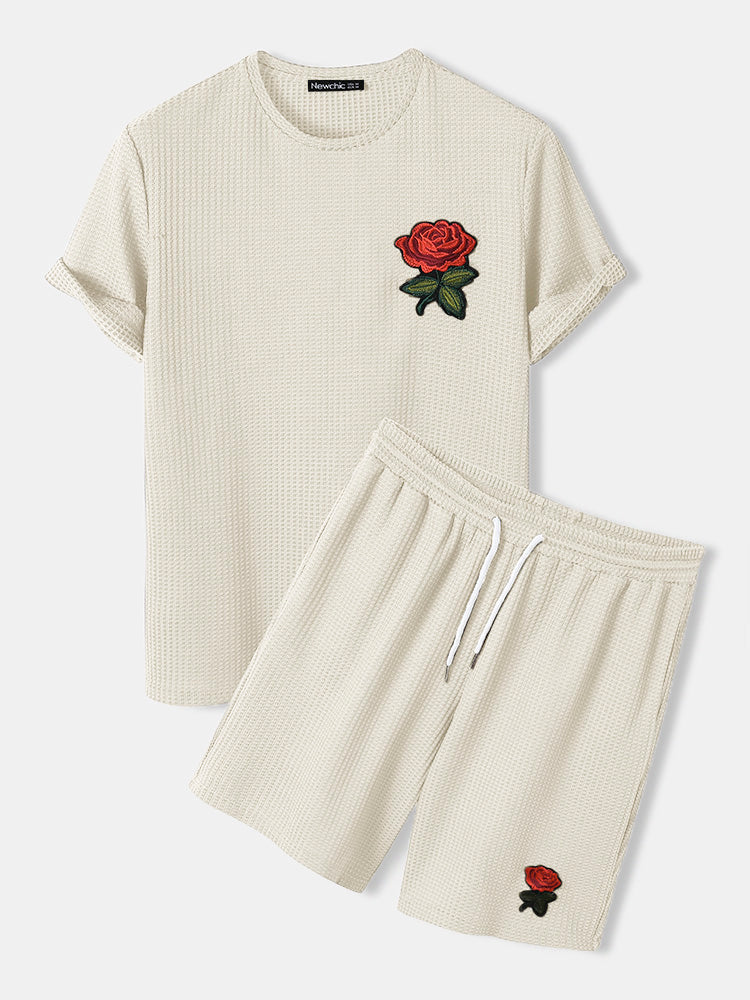 Mens Basic Knitted Rose Embroidery Patch Short Sleeve Casual Two Piece Outfits Cozy Loungewear