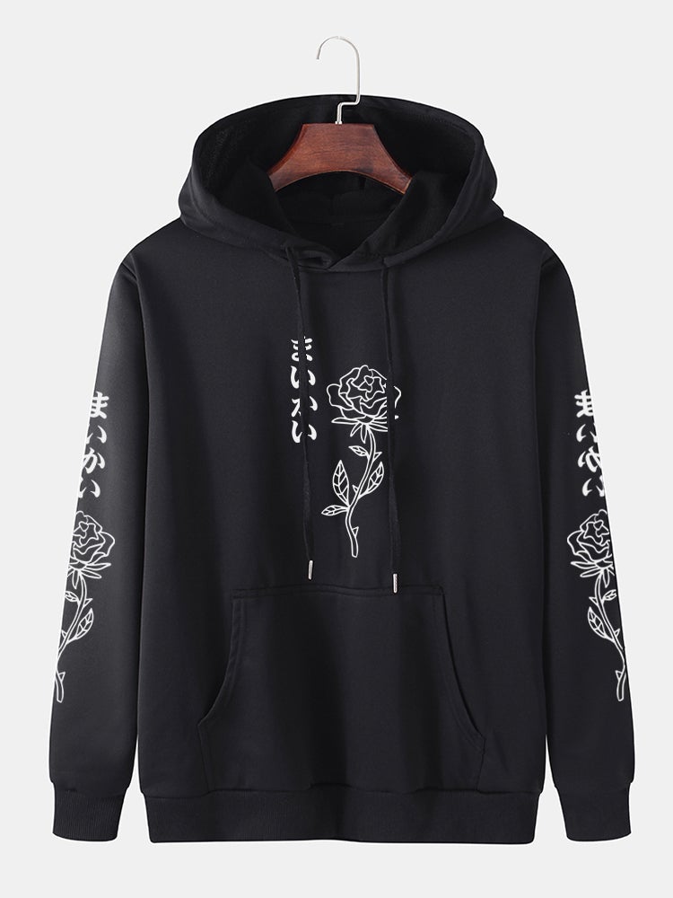 Mens Rose Japanese Print Cotton Drawstring Hoodies With Kangaroo Pocket