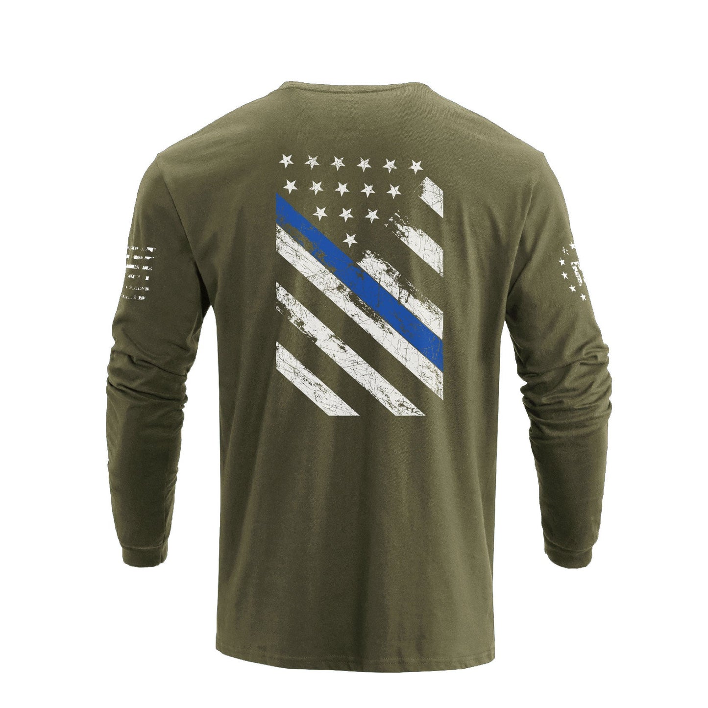 Men's 100% Cotton Blue Line American Flag Graphic Round Neck Long Sleeve T-Shirts