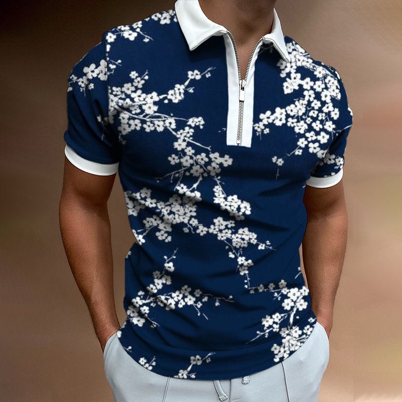 Plum Flower Print Short-sleeved Polo Shirt