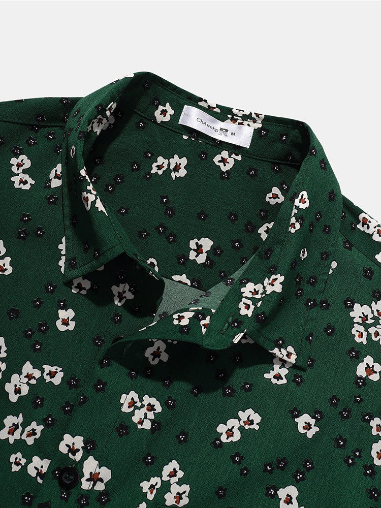 Mens All Over Floral Print Green Short Sleeve Lapel Holiday Shirt