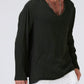 Linen ethnic style loose men's V-neck solid color long-sleeved t-shirt