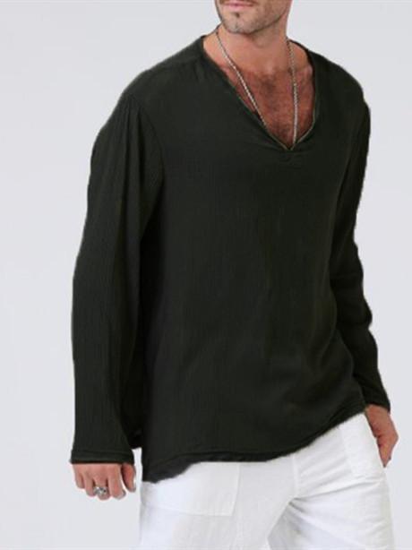 Linen ethnic style loose men's V-neck solid color long-sleeved t-shirt