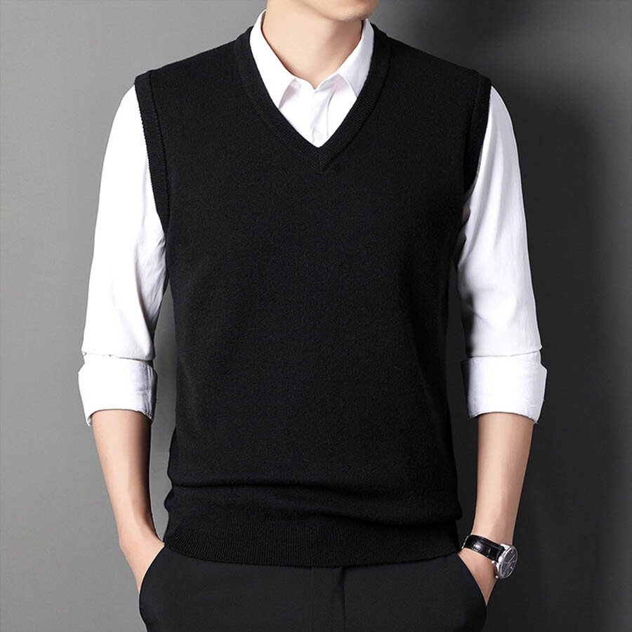 Men&#039;s Casual V-Neck Waistcoat Sweater Knit Sweater Black M