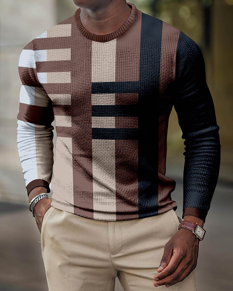 LONG SLEEVE FASHION CONTRAST COLOR ROUND NECK MEN'S TOP