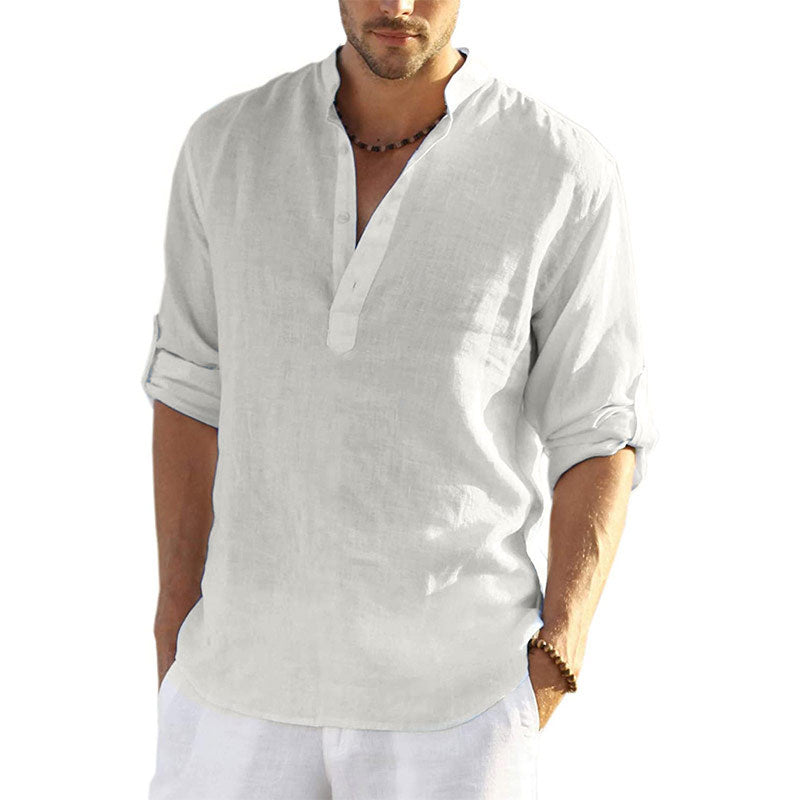 Men's casual cotton and linen solid long-sleeved shirt