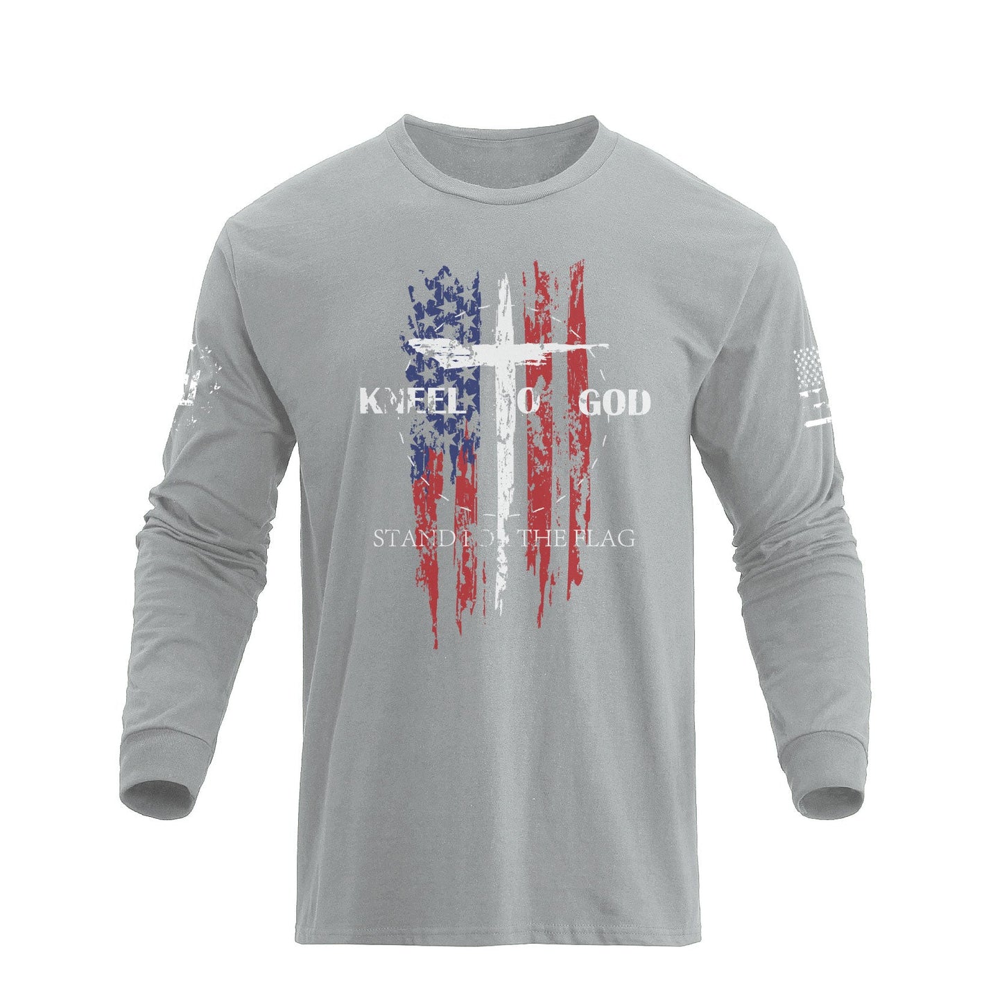 Men's 100% Cotton American Flag with Cross Graphic Round Neck Long Sleeve T-Shirts