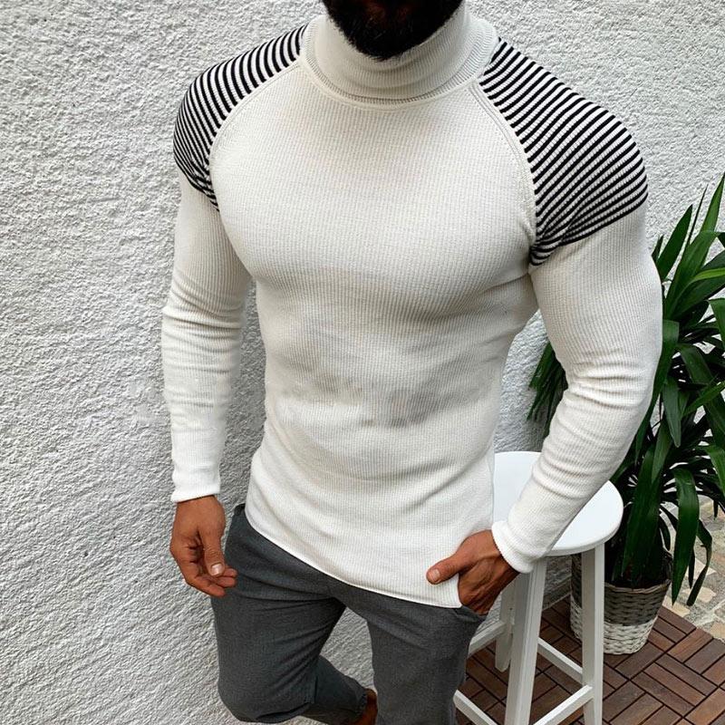 Men Contrast Color Striped Turtleneck Sweater