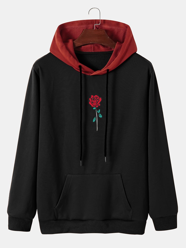 Mens Rose Print Contrast Casual Drawstring Hoodies With Kangaroo Pocket