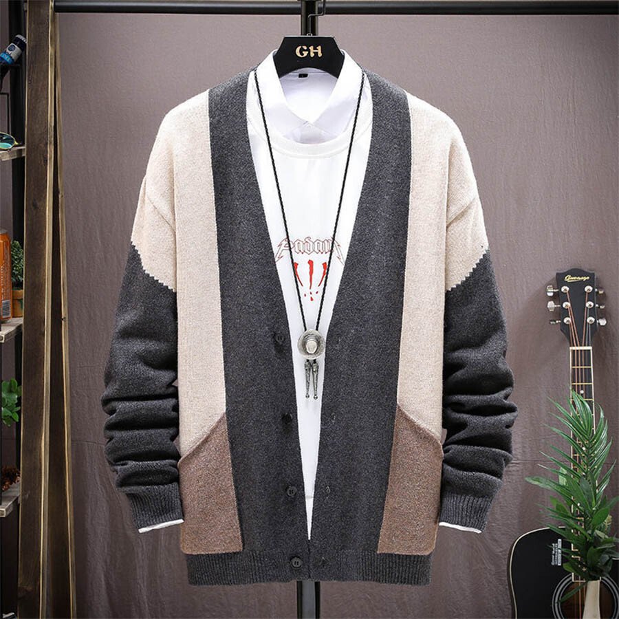 Men&#039;s Casual Knitted Cardigan Top Khaki L