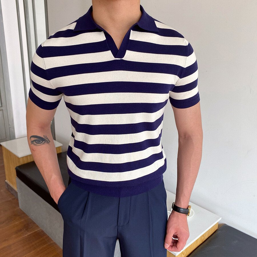 Men&#039;s Casual Striped Short Sleeve Knit T-Shirt Dark Blue XL