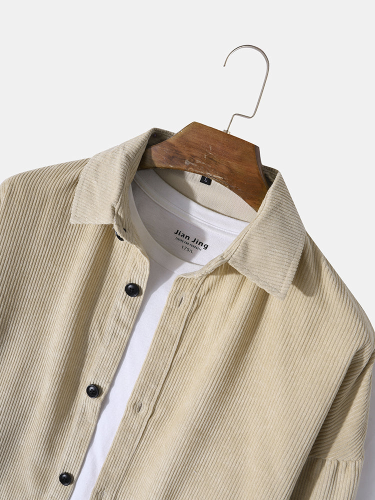 Mens Corduroy Pure Color Lapel Basics Dropped Shoulder Shirts