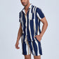 Mens Holiday Striped Chest Pocket Lapel Short Sleeve Drawstring Shorts Two Pieces Outfits