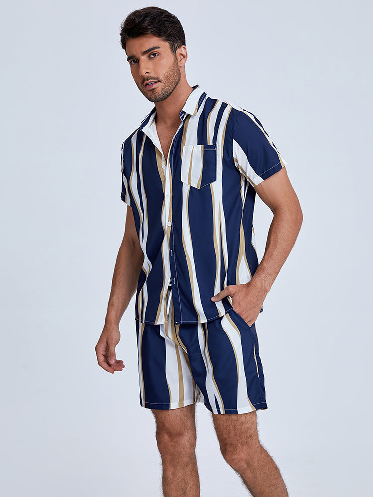 Mens Holiday Striped Chest Pocket Lapel Short Sleeve Drawstring Shorts Two Pieces Outfits