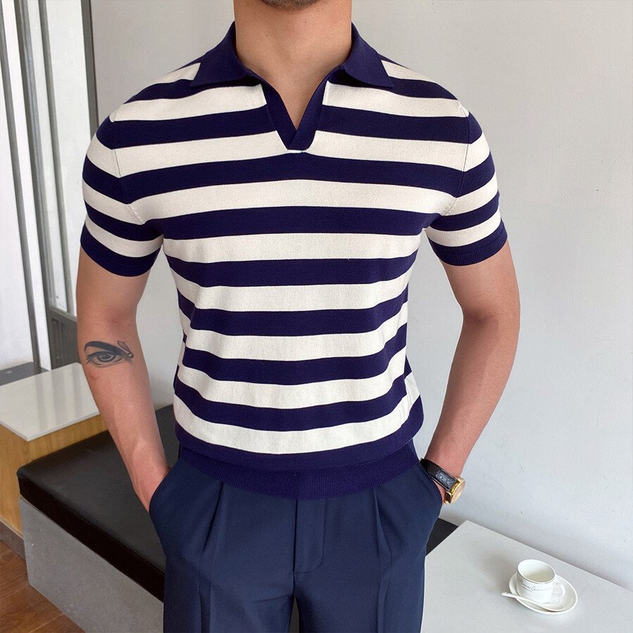 Men&#039;s Casual Striped Short Sleeve Knit T-Shirt Dark Blue M