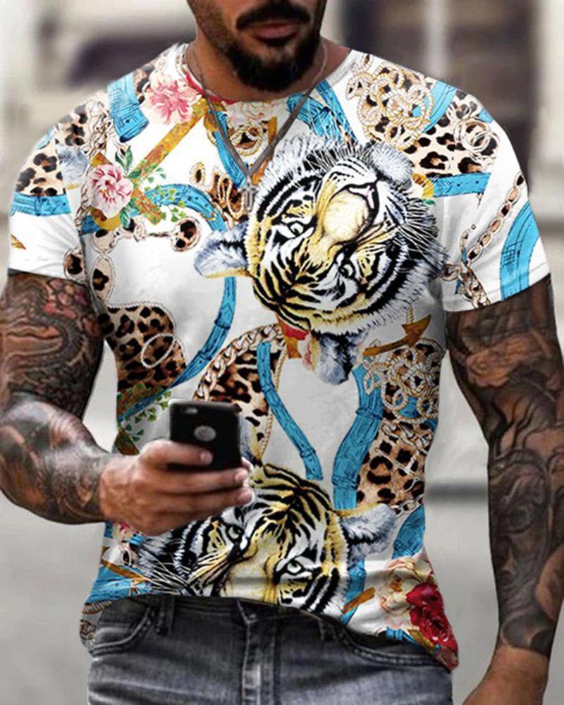 Men's Casual Tiger Print Short-sleeved Leopard Print T-shirt