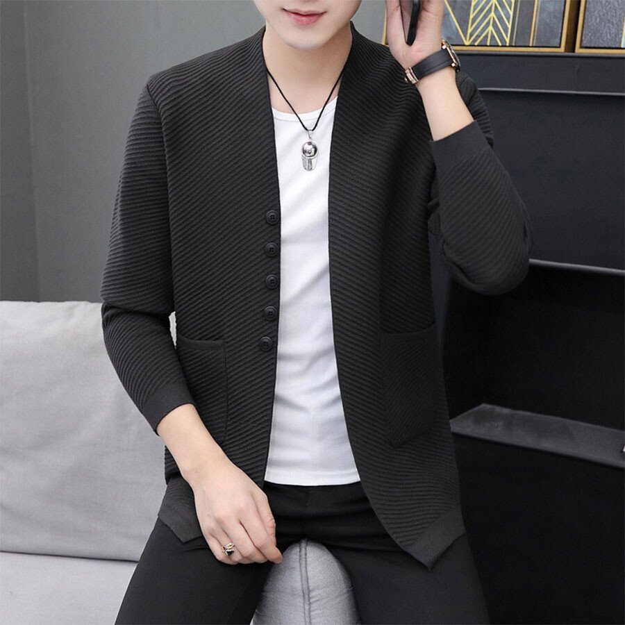 Men&#039;s Casual Knitted Cardigan Top Black L