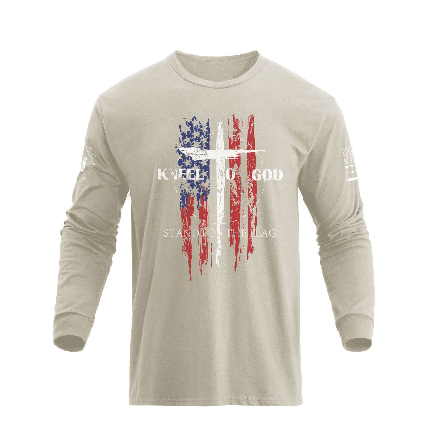 Men's 100% Cotton American Flag with Cross Graphic Round Neck Long Sleeve T-Shirts