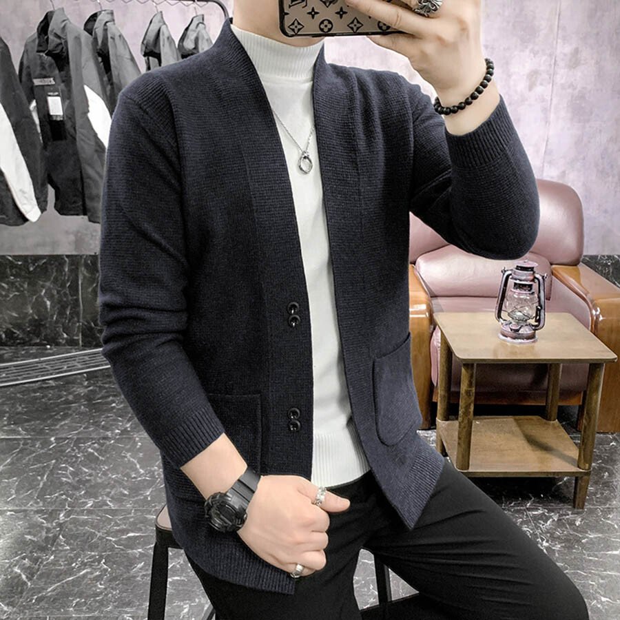 Men&#039;s Casual Knitted Cardigan Top Black L