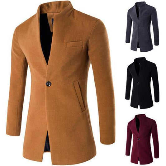 One Button Stand Collar Slim Fit Wool Coat