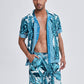 Mens Summer Holiday Revere Collar Tropical Leaf Pattern Baroque Two Piece Outfits