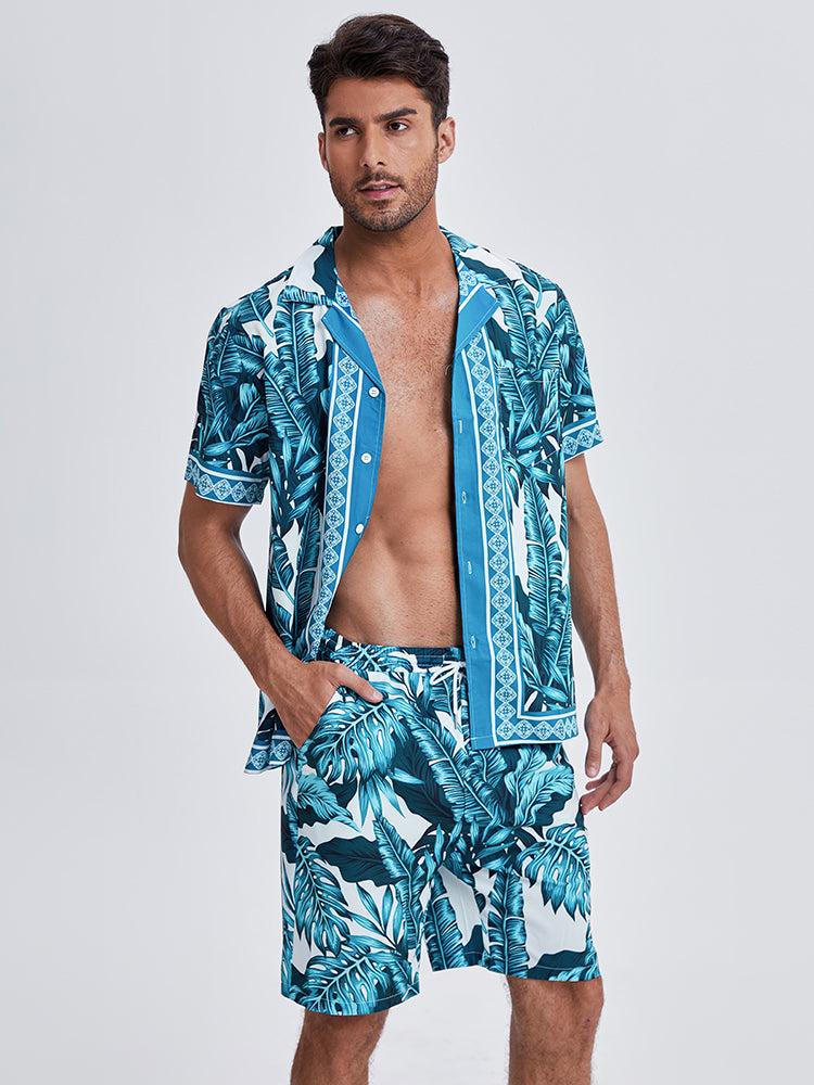 Mens Summer Holiday Revere Collar Tropical Leaf Pattern Baroque Two Piece Outfits