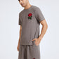 Mens Basic Knitted Rose Embroidery Patch Short Sleeve Casual Two Piece Outfits Cozy Loungewear