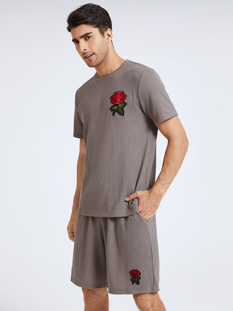 Mens Basic Knitted Rose Embroidery Patch Short Sleeve Casual Two Piece Outfits Cozy Loungewear