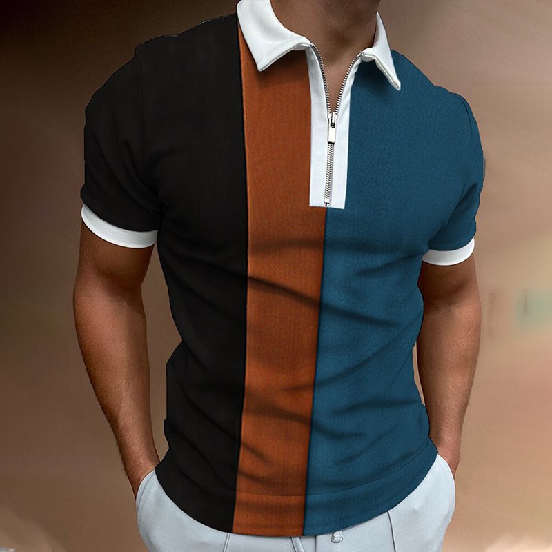 Men's Casual Style Summer Daily Stitching Zipper Design Polo Collar Short-sleeved T-shirt